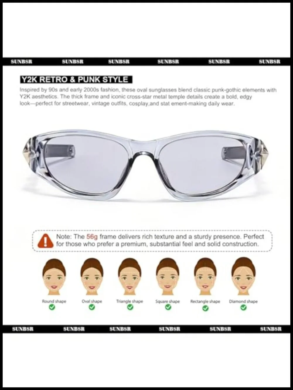 Y2K Wrap Around Sunglasses Retro Punk Star Temple UV400 Protection